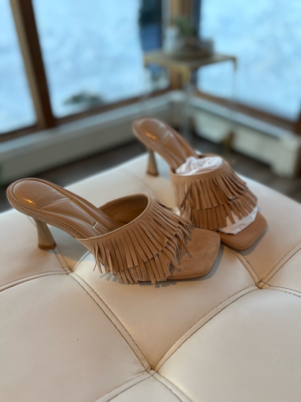 Kenneth Cole Tan Fringe Open-Toe Mules
